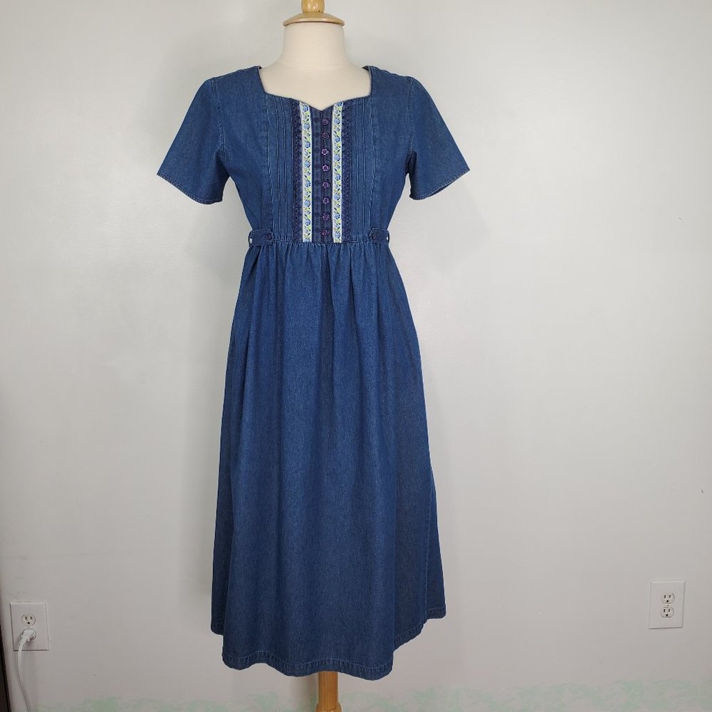 ERIKA Petite Vintage Cottagecore Tie Back Modest Denim Jean Dress Size LP